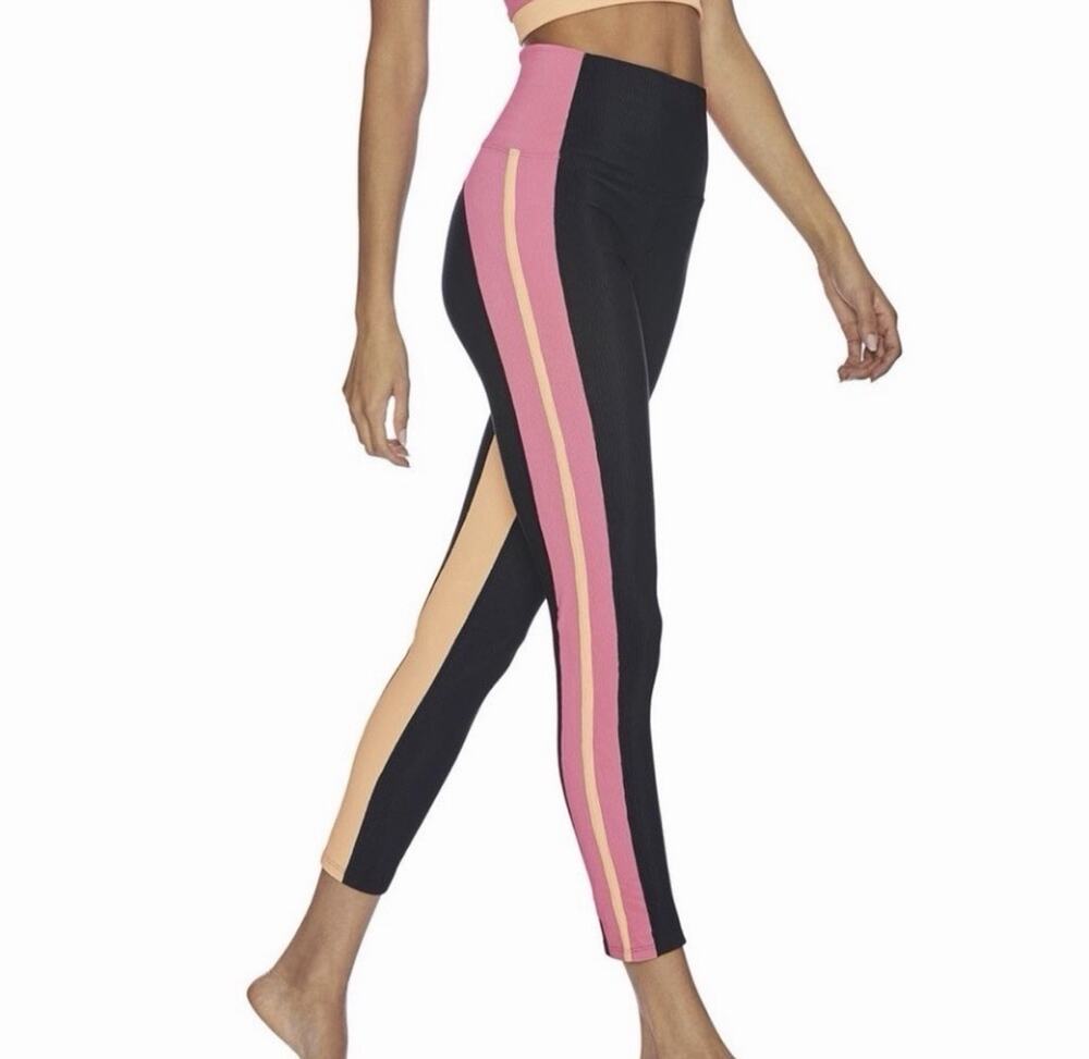 Beach Riot Sport Activewear Colorblock Ribbed Leggings in Black + Cantaloupe XS